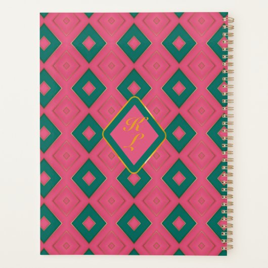 Preppy Roze en Groene Diamant Motief Monogrammed Planner (Achterkant)