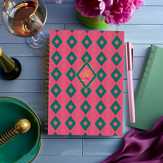 Preppy Roze en Groene Diamant Motief Monogrammed Planner