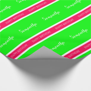 Preppy Roze en Groene Gepersonaliseerde Stripe Cadeaupapier