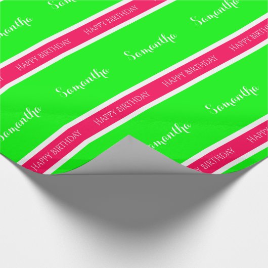 Preppy Roze en Groene Gepersonaliseerde Stripe Cadeaupapier (Hoek)