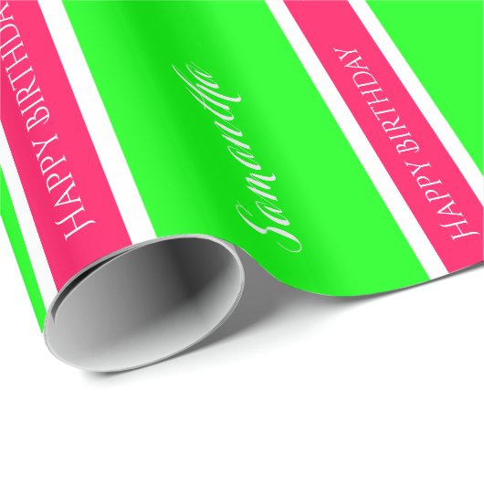 Preppy Roze en Groene Gepersonaliseerde Stripe Cadeaupapier (Rol Hoek)