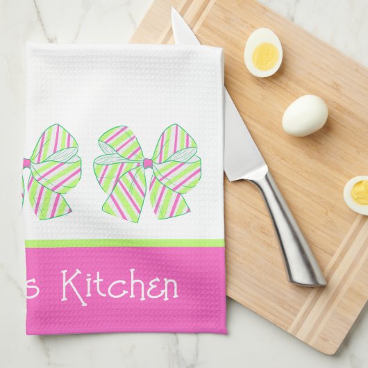 Preppy roze en groene gestreepte bogen gepersonali theedoek (Quarter Fold)