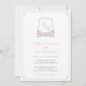 Preppy roze en groene hortensia crest bruiloft kaart (Voorkant)