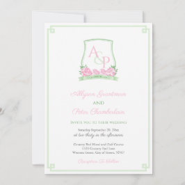 Preppy roze en groene hortensia crest bruiloft kaart