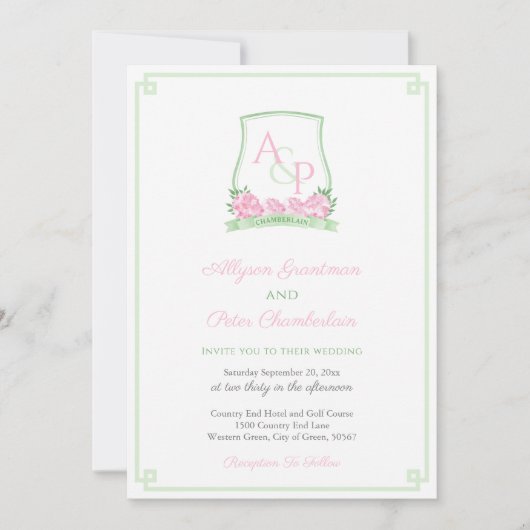 Preppy roze en groene hortensia crest bruiloft kaart (Voorkant)