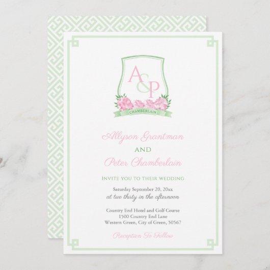 Preppy roze en groene hortensia crest bruiloft kaart (Voorkant / Achterkant)
