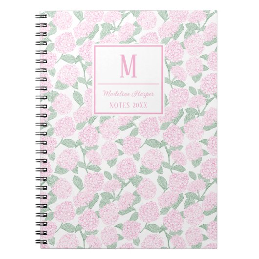 Preppy Roze en Groene Hortensia Monogram Notitieboek (Voorkant)