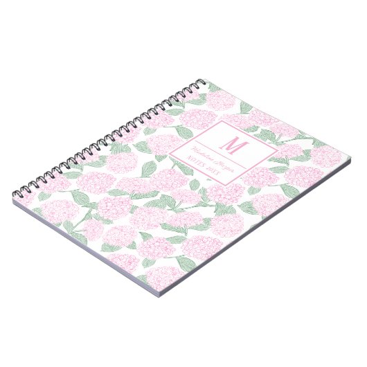 Preppy Roze en Groene Hortensia Monogram Notitieboek (Linkerzijde)