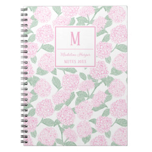 Preppy Roze en Groene Hortensia Monogram Notitieboek