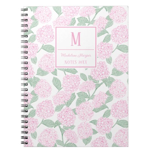 Preppy Roze en Groene Hydrangea Monogram Notitieboek (Voorkant)