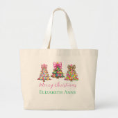 Preppy Roze en Groene Kerstbomen Grote Tote Bag (Voorkant)