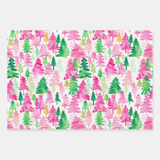 Preppy roze en groene kerstbomen inpakpapier vel (Voorkant)