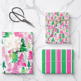 Preppy roze en groene kerstbomen inpakpapier vel