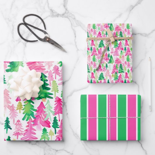 Preppy roze en groene kerstbomen inpakpapier vel (Voorkant)
