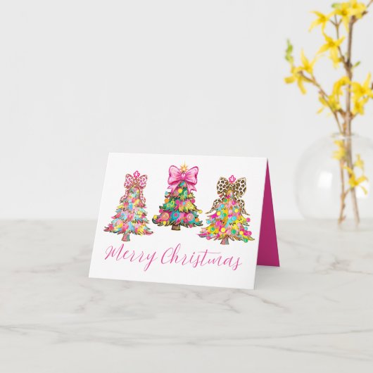 Preppy Roze en Groene Kerstbomen Kaart (Gele Bloem)
