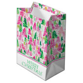 Preppy roze en groene kerstbomen medium cadeauzakje (Voorkant Gekanteld)