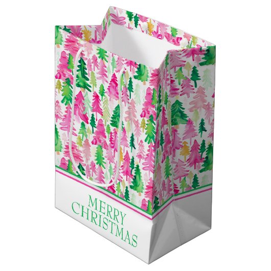 Preppy roze en groene kerstbomen medium cadeauzakje (Voorkant Gekanteld)