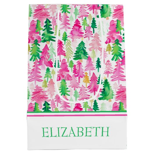 Preppy roze en groene kerstbomen medium cadeauzakje (Achterkant)