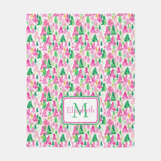 Preppy Roze en Groene Kerstbomen Monogram Fleece Deken (Voorkant)