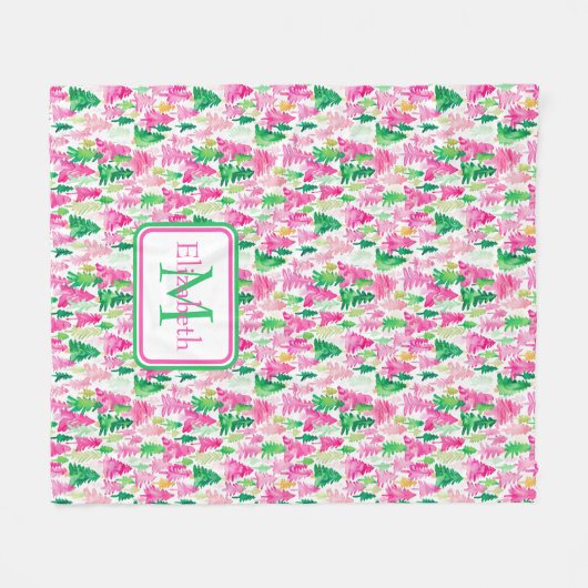 Preppy Roze en Groene Kerstbomen Monogram Fleece Deken (Voorkant (Horizontaal))