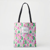 Preppy Roze en Groene Kerstbomen Monogram Tote Bag (Voorkant)