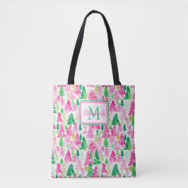 Preppy Roze en Groene Kerstbomen Monogram Tote Bag