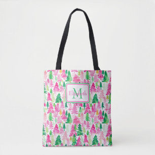 Preppy Roze en Groene Kerstbomen Monogram Tote Bag