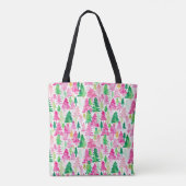 Preppy Roze en Groene Kerstbomen Monogram Tote Bag (Achterkant)