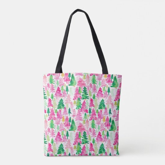 Preppy Roze en Groene Kerstbomen Monogram Tote Bag (Achterkant)