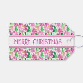 Preppy roze en groene kerstbomen op maat cadeaulabel