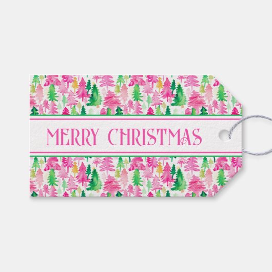 Preppy roze en groene kerstbomen op maat cadeaulabel (Voorkant (Horizontaal))