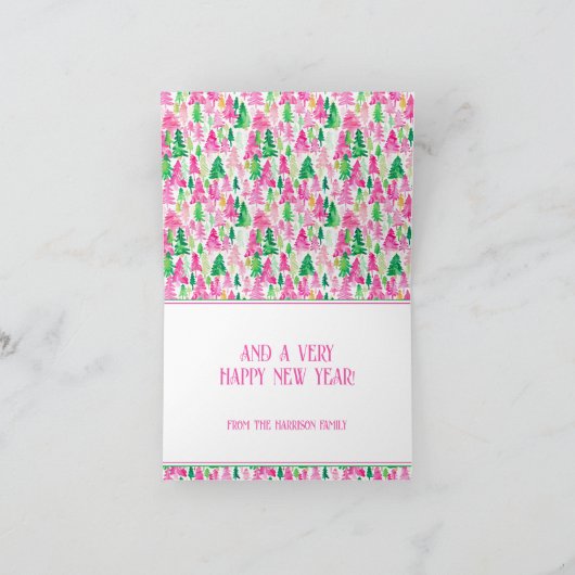 Preppy roze en groene kerstbomen op maat feestdagen kaart (Binnen)