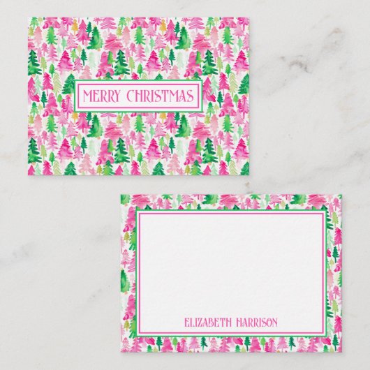 Preppy roze en groene kerstbomen op maat notitiekaartje (Voorkant / Achterkant)