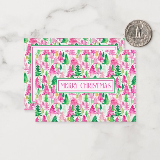 Preppy roze en groene kerstbomen op maat notitiekaartje (Voorkant / Achterkant in situ)