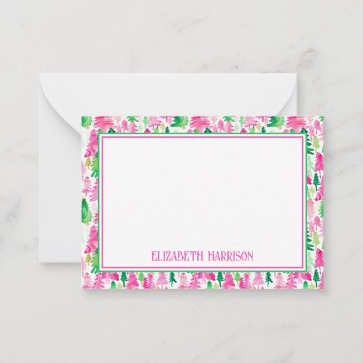 Preppy roze en groene kerstbomen op maat notitiekaartje (Achterkant)