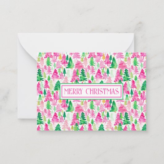 Preppy roze en groene kerstbomen op maat notitiekaartje (Voorkant)