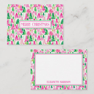 Preppy roze en groene kerstbomen op maat notitiekaartje