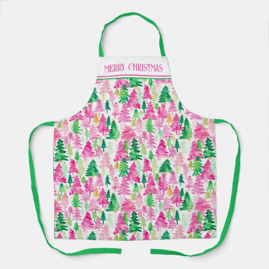 Preppy roze en groene kerstbomen op maat schort (Voorkant)