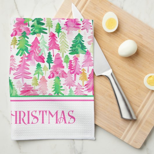 Preppy roze en groene kerstbomen op maat theedoek (Quarter Fold)