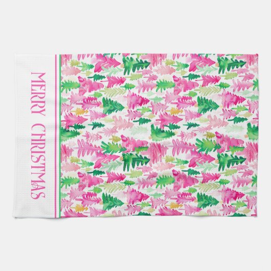 Preppy roze en groene kerstbomen op maat theedoek (Horizontaal)