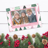 Preppy Roze en Groene Kerstboom Vakantiefoto Feestdagenkaart