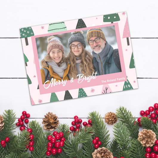 Preppy Roze en Groene Kerstboom Vakantiefoto Feestdagenkaart