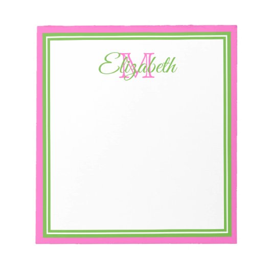 Preppy Roze en Groene Monogram Notitieblok (Voorkant)