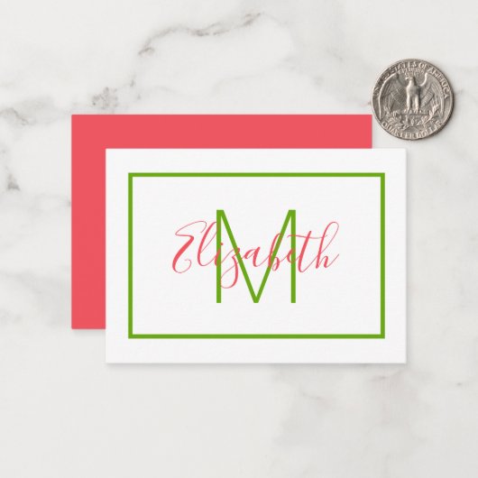 Preppy Roze en Groene Monogram Notitiekaartje (Voorkant / Achterkant in situ)
