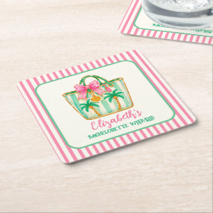 Preppy Roze en Groene Palm Beach Boodschappentas Kartonnen Onderzetters