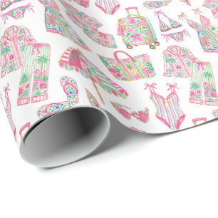 Preppy Roze en Groene Palm Beach Chic Stijl Cadeaupapier