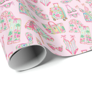 Preppy Roze en Groene Palm Beach Chic Stijl Cadeaupapier