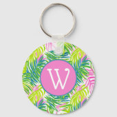 Preppy Roze en Groene Palmbladeren Monogram Sleutelhanger (Voorkant)