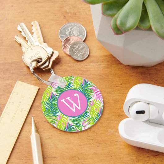 Preppy Roze en Groene Palmbladeren Monogram Sleutelhanger (Bureau)