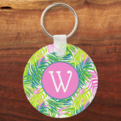 Preppy Roze en Groene Palmbladeren Monogram Sleutelhanger (Voorkant)